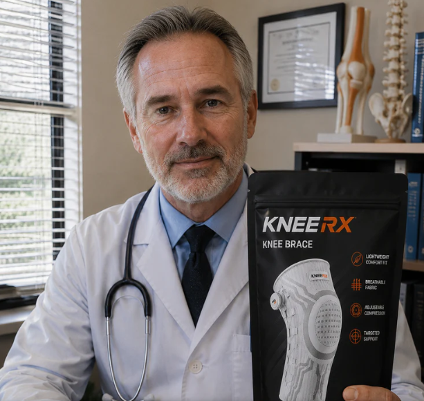 Médico especialista segurando a embalagem da joelheira KneeRX